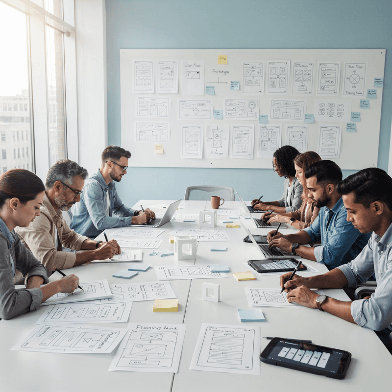 Team working on wireframes and diagrams at a long table