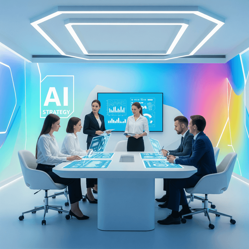 Executive boardroom with AI Strategy presentation